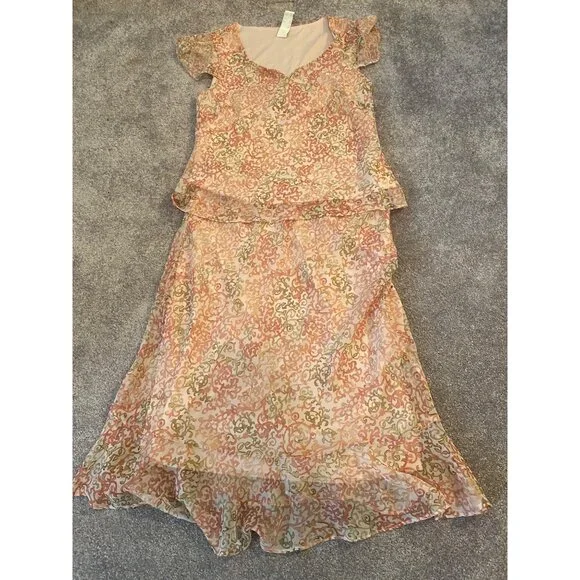 Sangria 2 pc Skirt Set Midi Ruffled Sheer Lined & Short Sleeve Top Size 10 - Picture 1 of 16